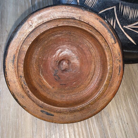 Vintage Handmade Hand Carved 7" Round Wooden Trinket Jewelry Storage Bowl w/ Lid - Picture 4 of 7